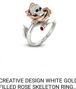 White gold filled rose skull ring, sz 9